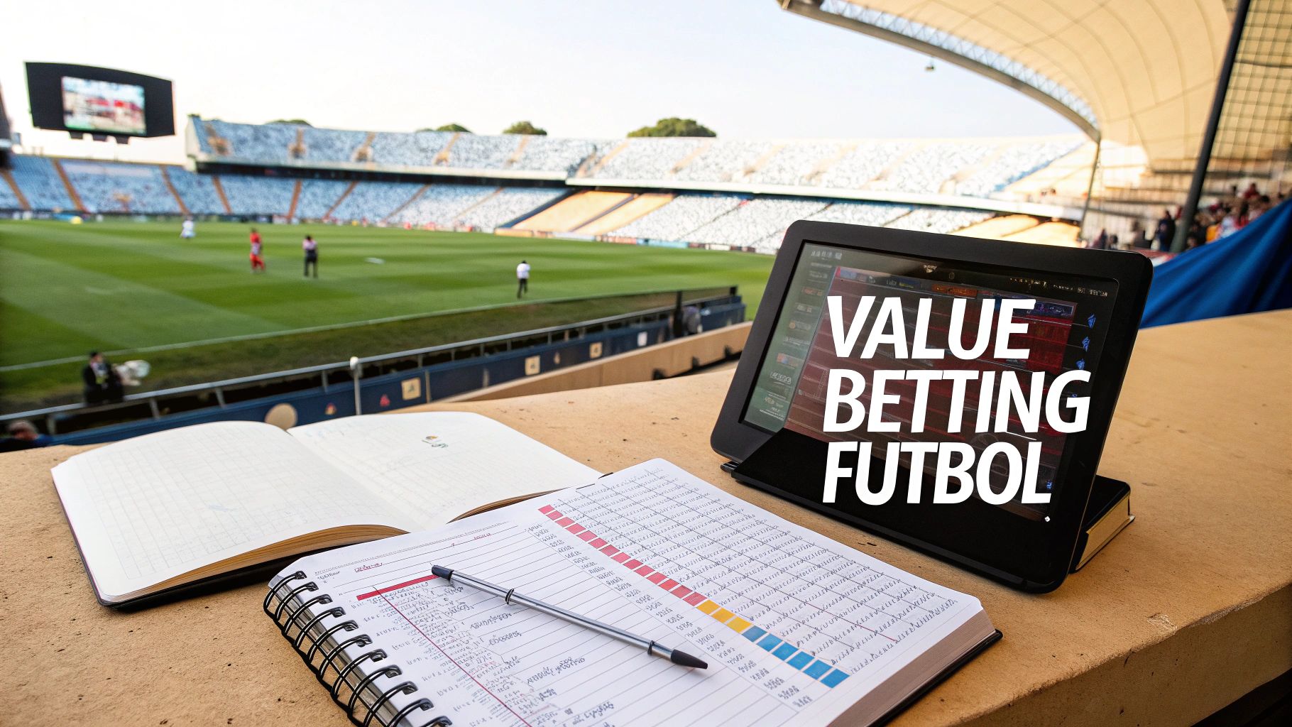 Un balón de fútbol sobre un campo con estadísticas y gráficos superpuestos