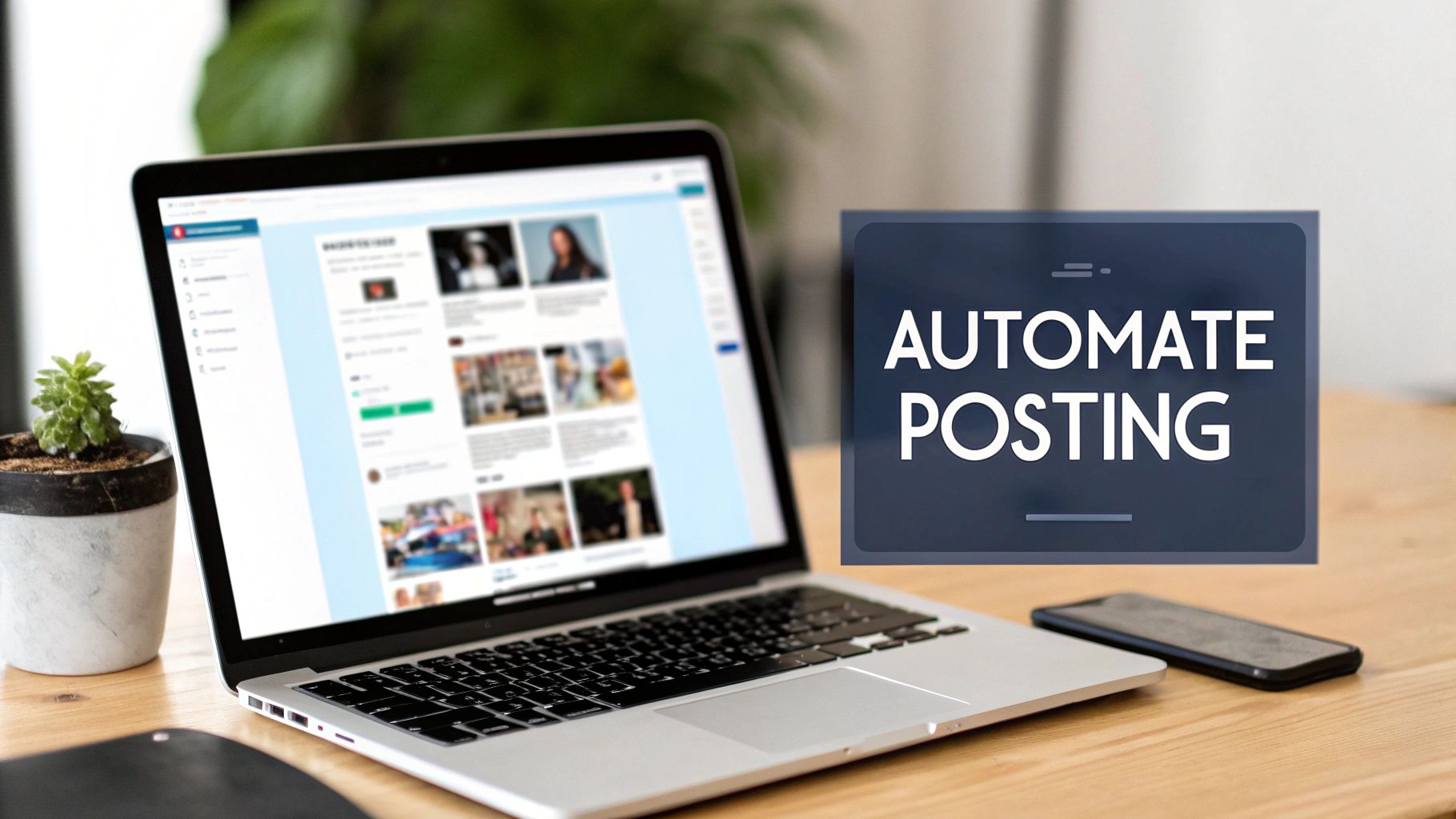 A person sitting at a desk with a computer, surrounded by social media icons, illustrating the concept of managing social media automation.