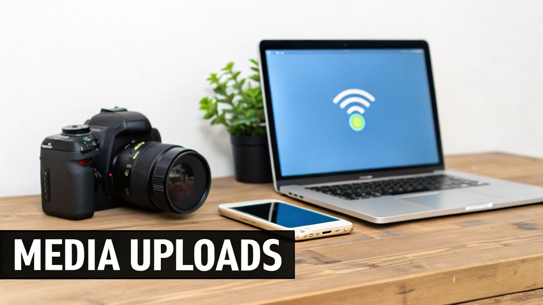 Electronic devices like a camera, smartphone, and laptop on a wooden desk, featuring media uploads.