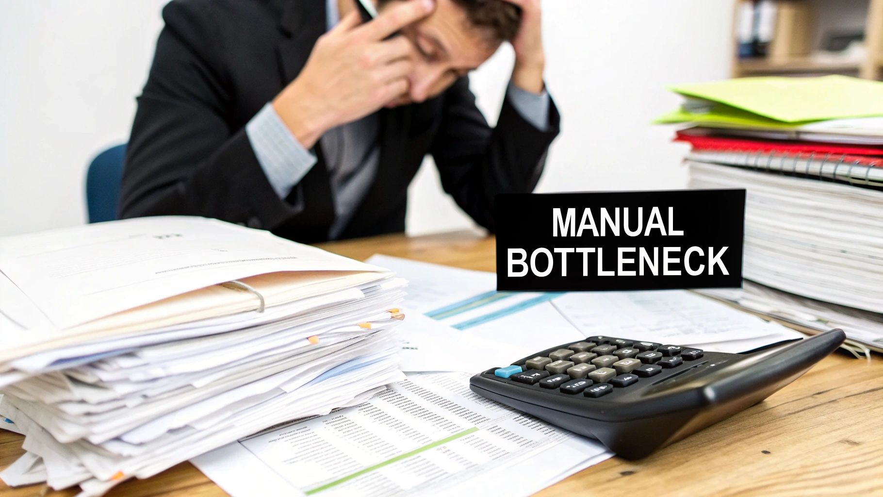 A person looking stressed while sorting through a large stack of paper invoices and documents at their desk.