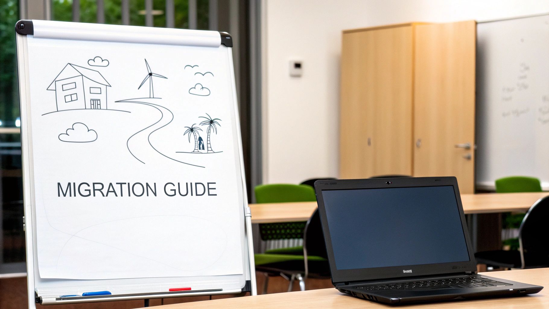 Flip chart with 'Migration Guide' drawing, featuring a house, wind turbine, and palm trees, beside a laptop.