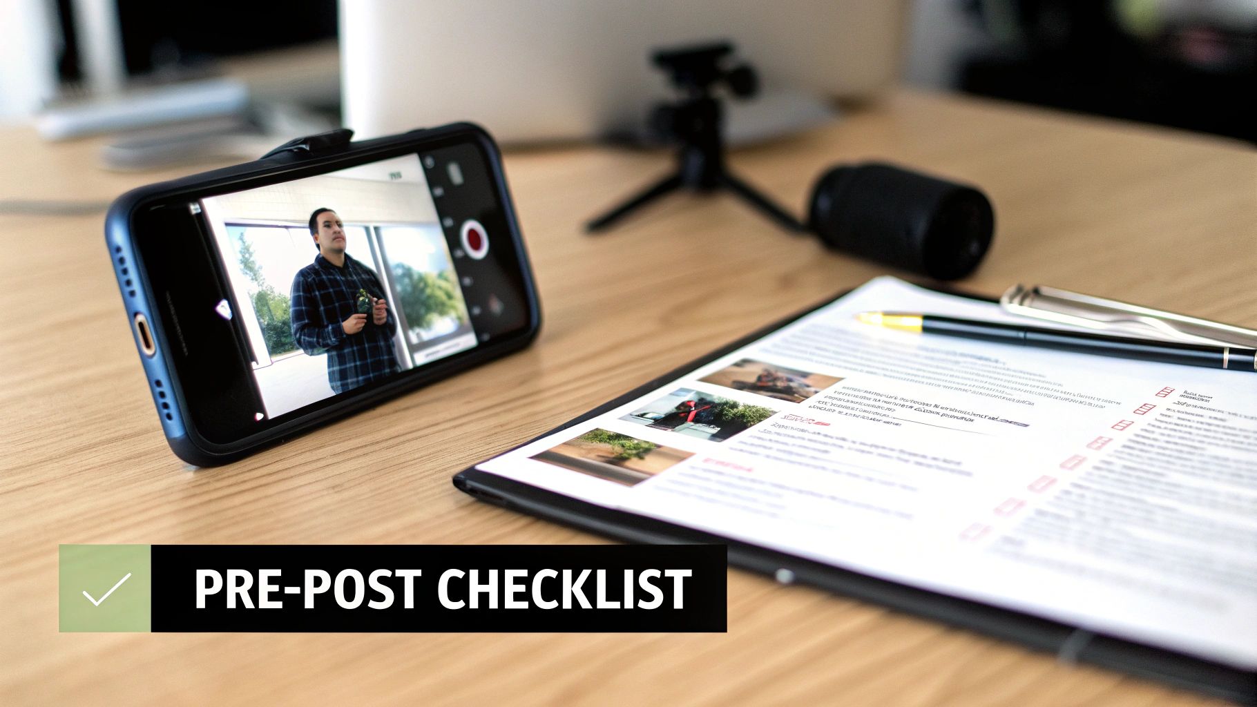 A smartphone recording a video, a pre-post checklist, and camera gear on a wooden desk.