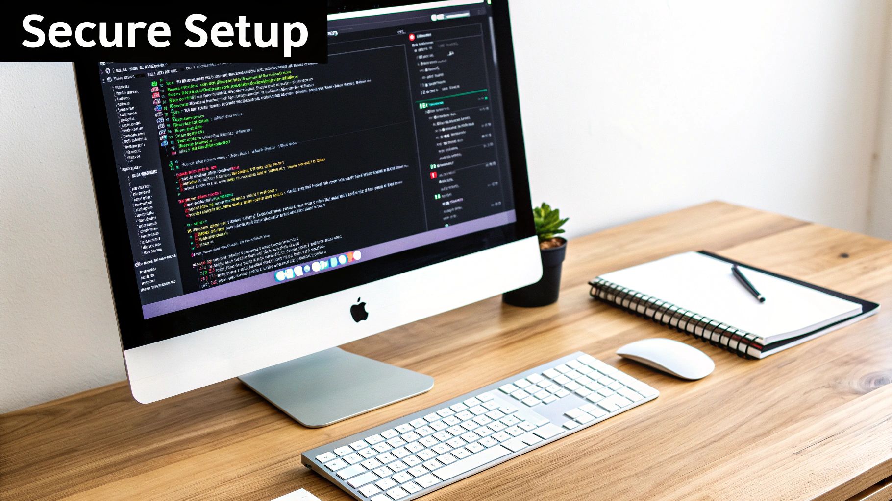 A minimalist desk setup with a laptop showing code, a notebook, and a coffee cup, representing a clean development environment.