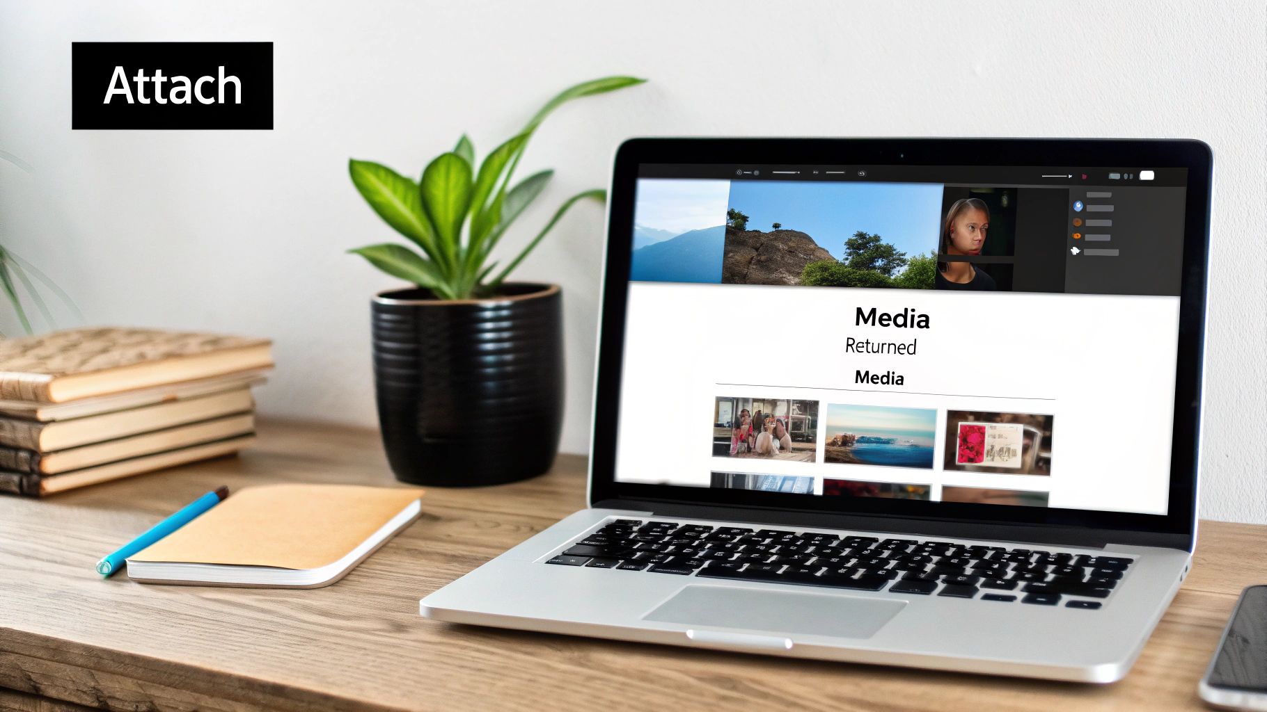 A laptop on a wooden desk displays a media website, with books, a pen, and a plant nearby.