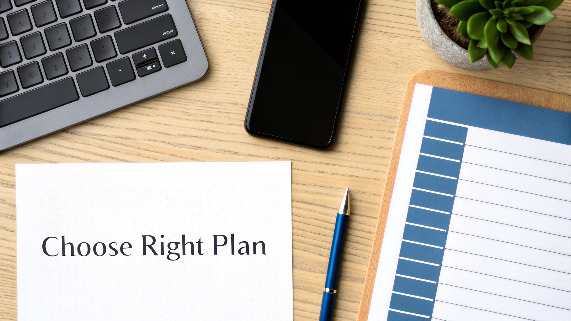 Business desk with laptop, smartphone, planning documents and pen showing strategic planning concept
