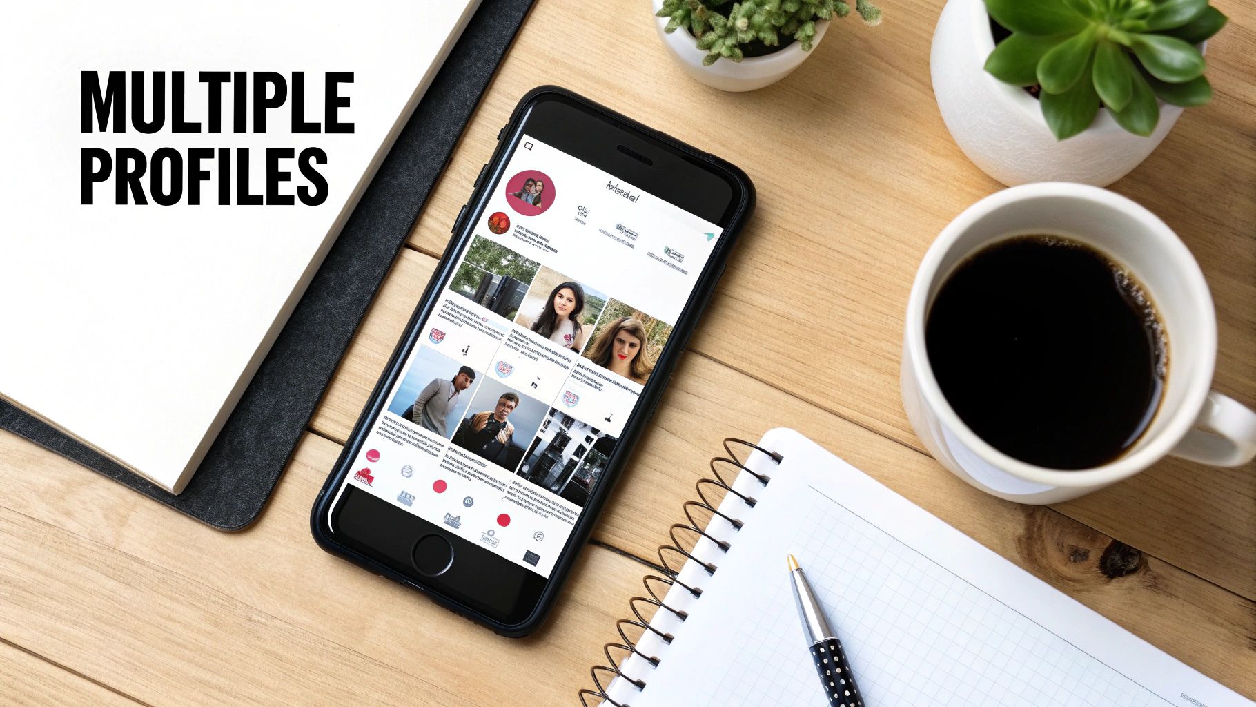 A person managing multiple Instagram accounts on a laptop and phone, showing organized profiles for different brands.