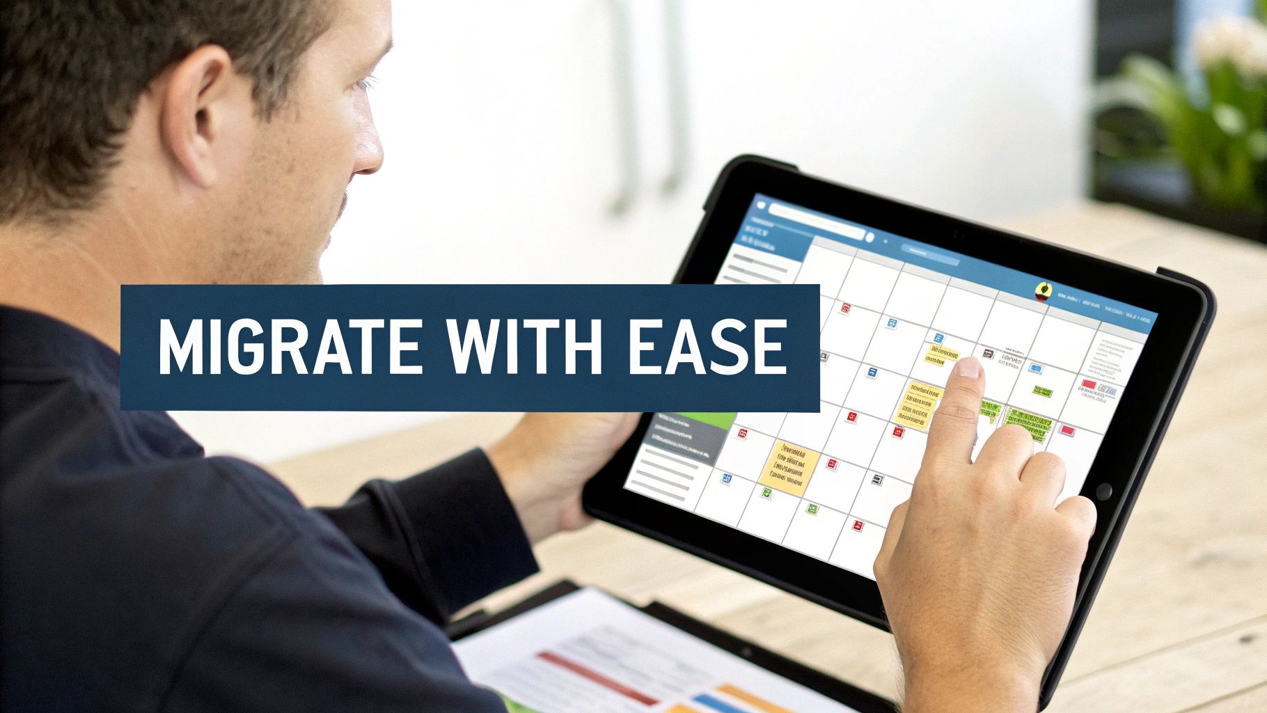 A person at a desk moving digital files from one folder to another on a large screen, symbolizing migration