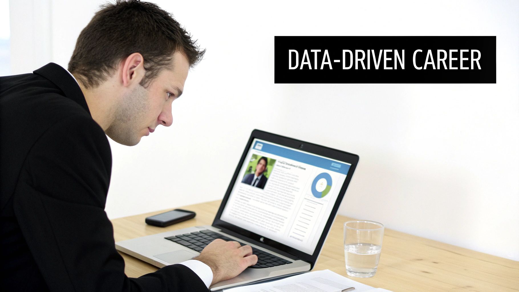 Man in a suit using a laptop displaying a profile and data visualization, highlighting a data-driven career.