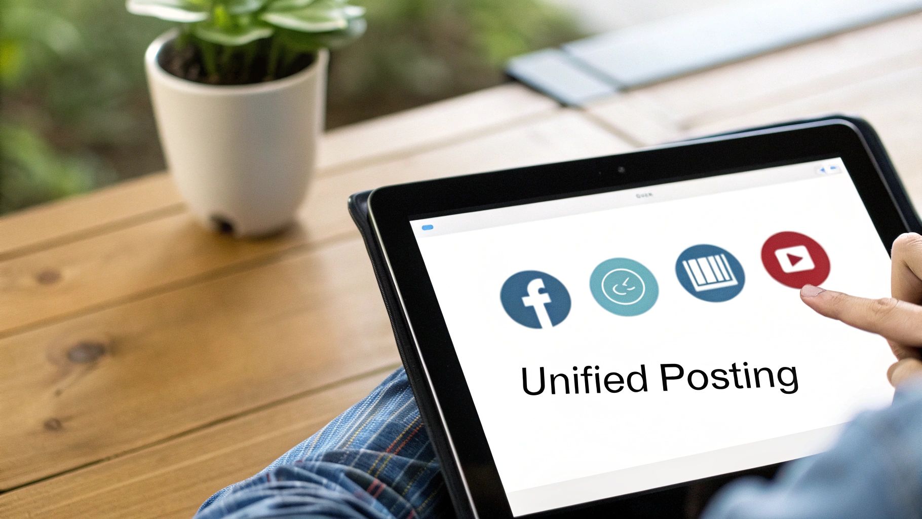 Tablet displaying 'Unified Posting' with Facebook, scheduling, and YouTube icons, being touched by a finger.