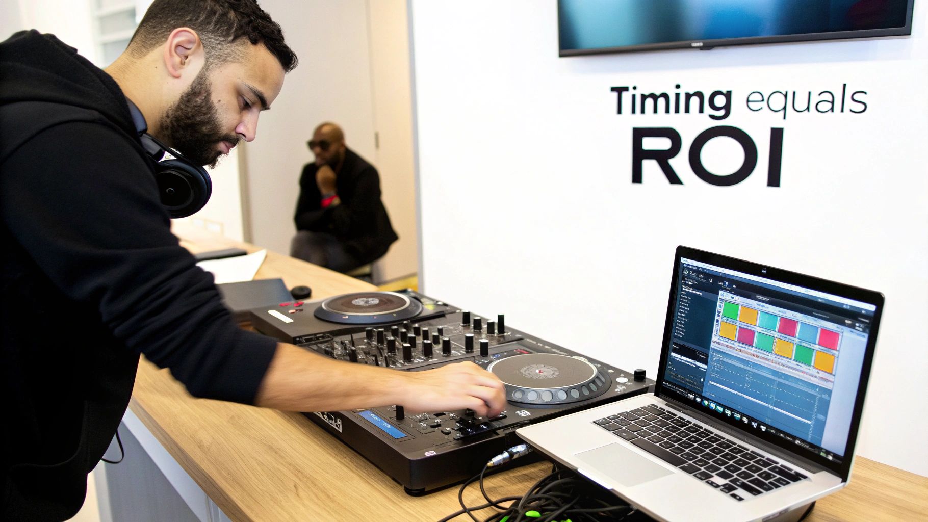 A man with headphones around his neck operates a DJ mixer with a laptop.