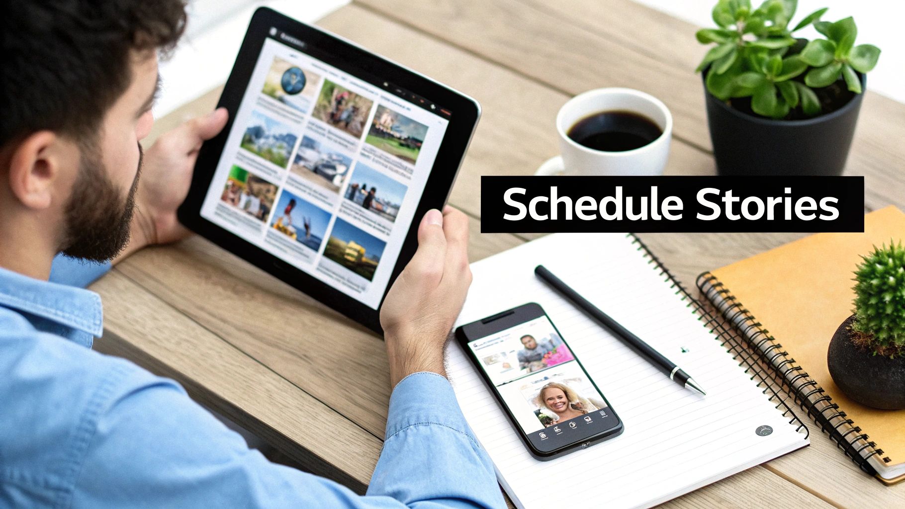 A man scheduling stories on a tablet, with a smartphone, coffee, and plants on a wooden desk.