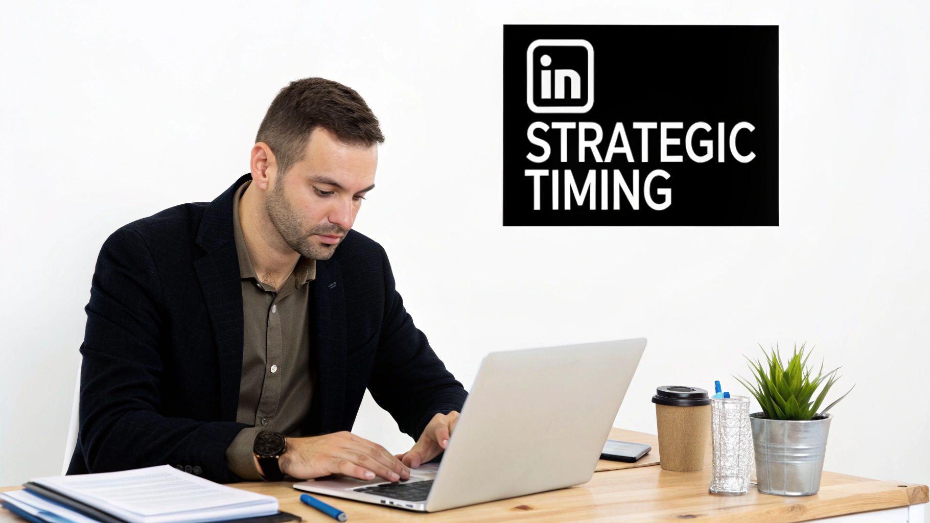 A man works on a laptop at a wooden desk, with LinkedIn Strategic Timing logo in the background.