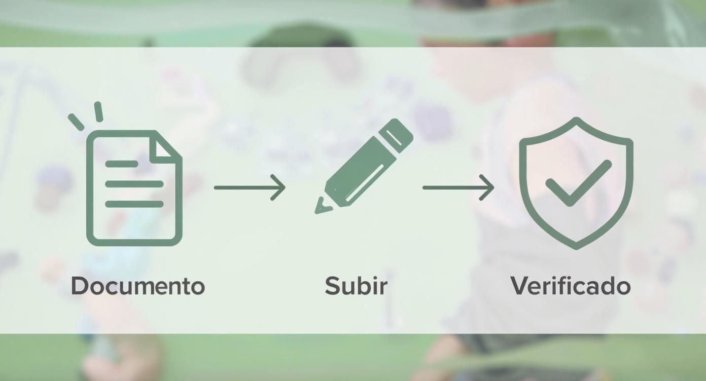 Infografía que resume el proceso de verificación de cuenta en tres pasos: preparar documento, subirlo y obtener la verificación.
