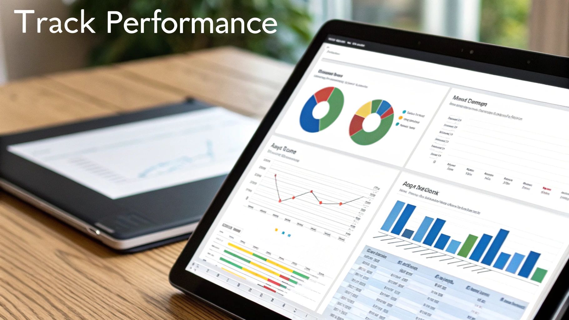 A tablet displays various business performance charts and graphs, with 'Track Performance' text overlay.
