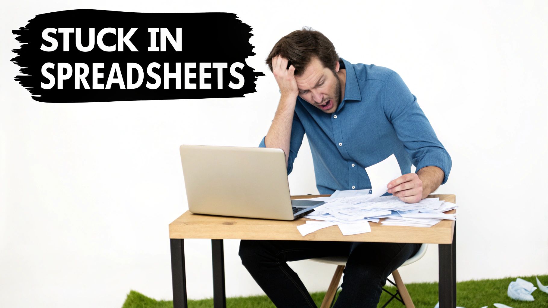 A small business owner looking stressed while managing invoices and paperwork on a laptop.