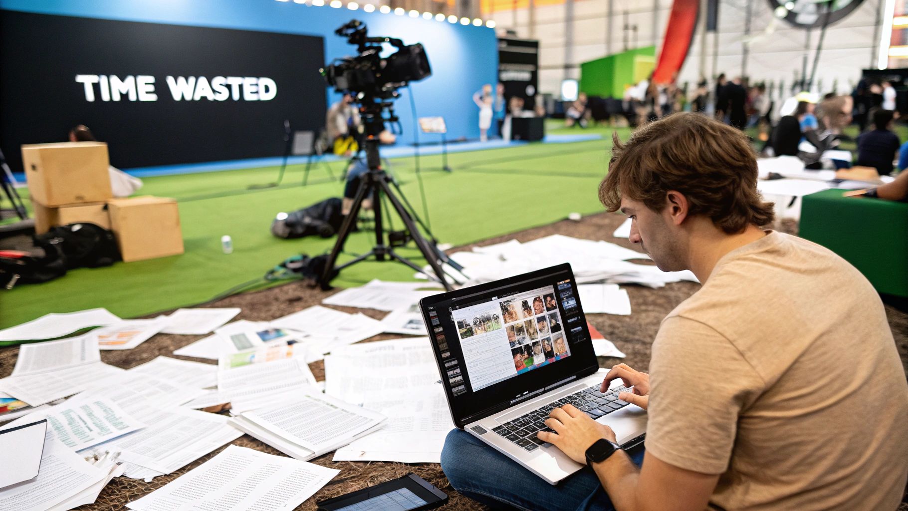 A person frustrated while managing multiple social media accounts on a laptop, symbolizing the challenges of manual TikTok management.