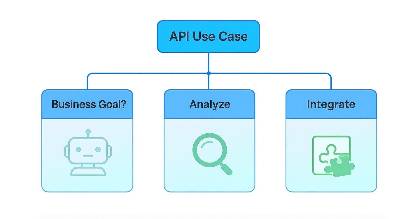 An infographic decision tree showing three main business goals for using an API: Automate, Analyze, and Integrate.