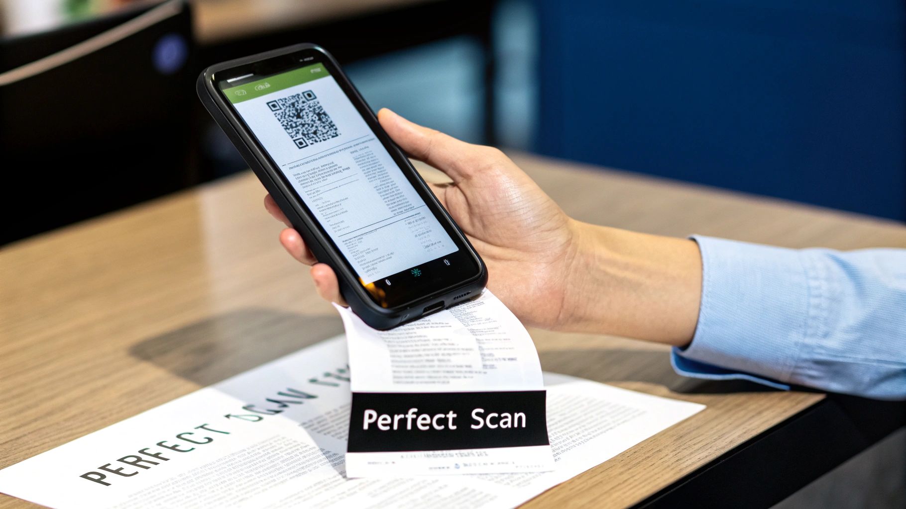 A hand holding a smartphone, perfectly framing a paper receipt on a clean, well-lit surface, ready for scanning.