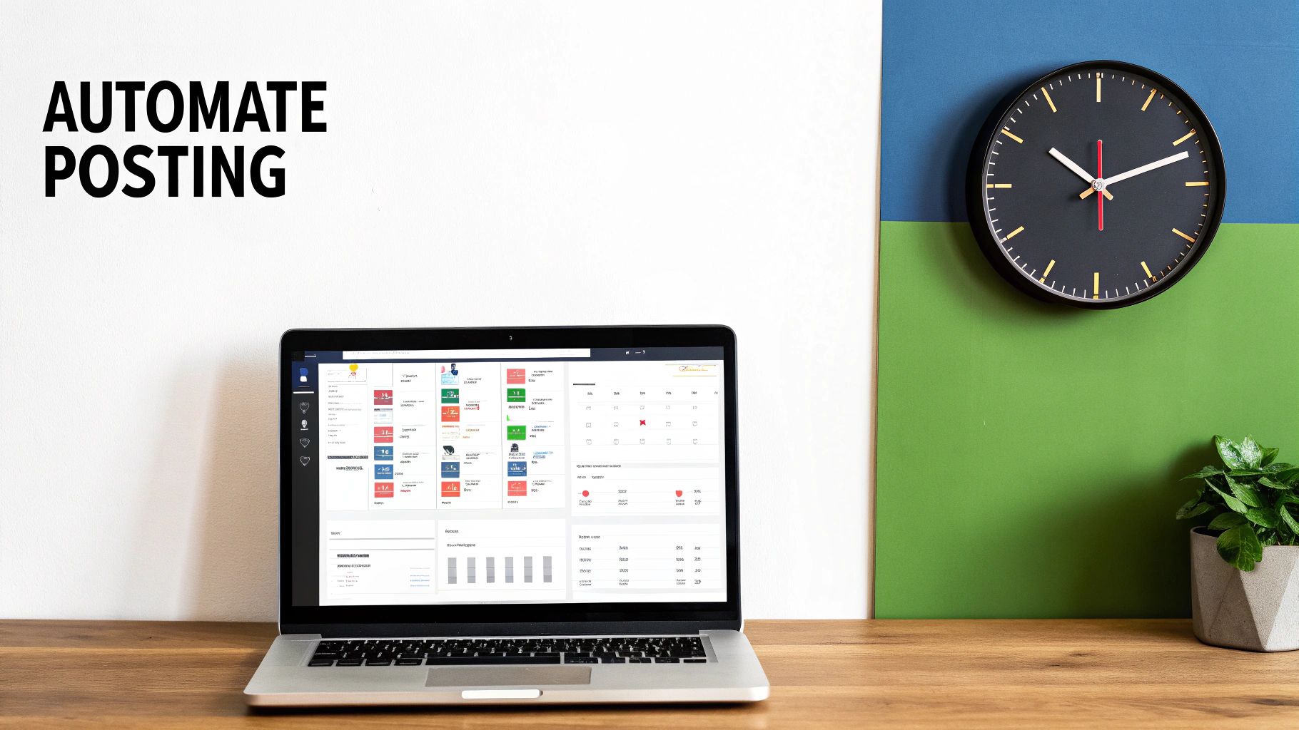 Laptop on a wooden desk showing a social media scheduler, with a clock and text 'AUTOMATE POSTING'.