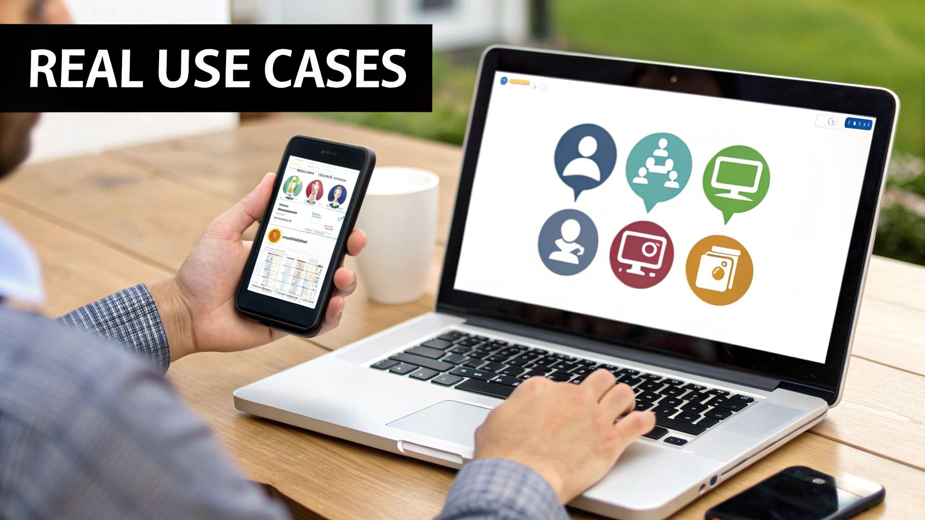 A person works on a laptop showing digital icons and checks data on a smartphone, highlighting real use cases.