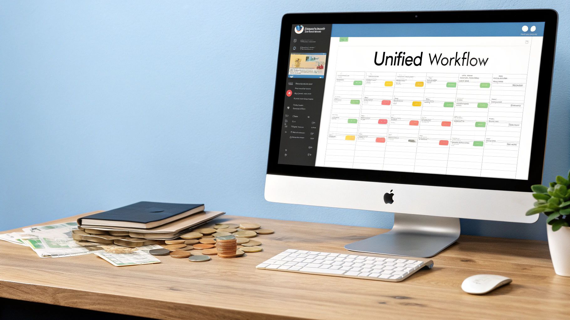 A digital dashboard showing a content calendar and analytics charts for social media.