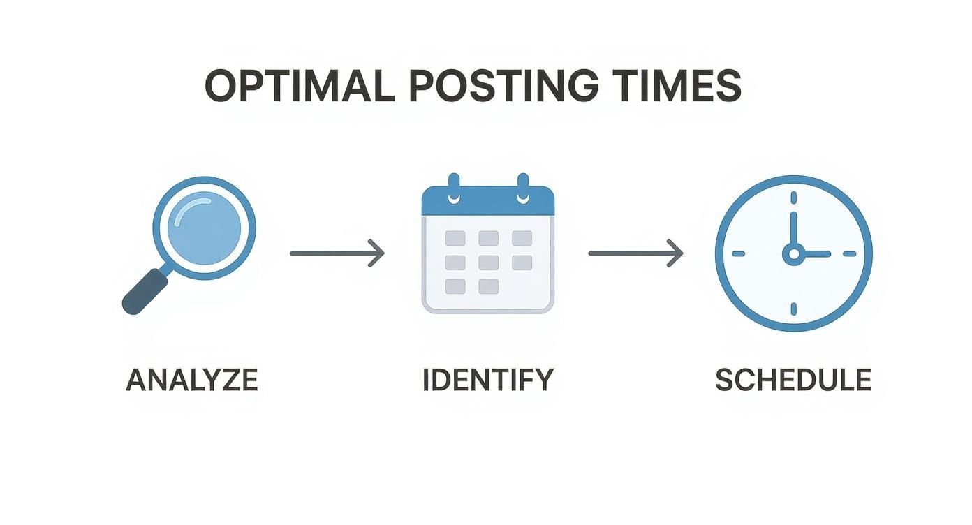 Diagram showing three steps to determine optimal posting times: analyze, identify, and schedule.