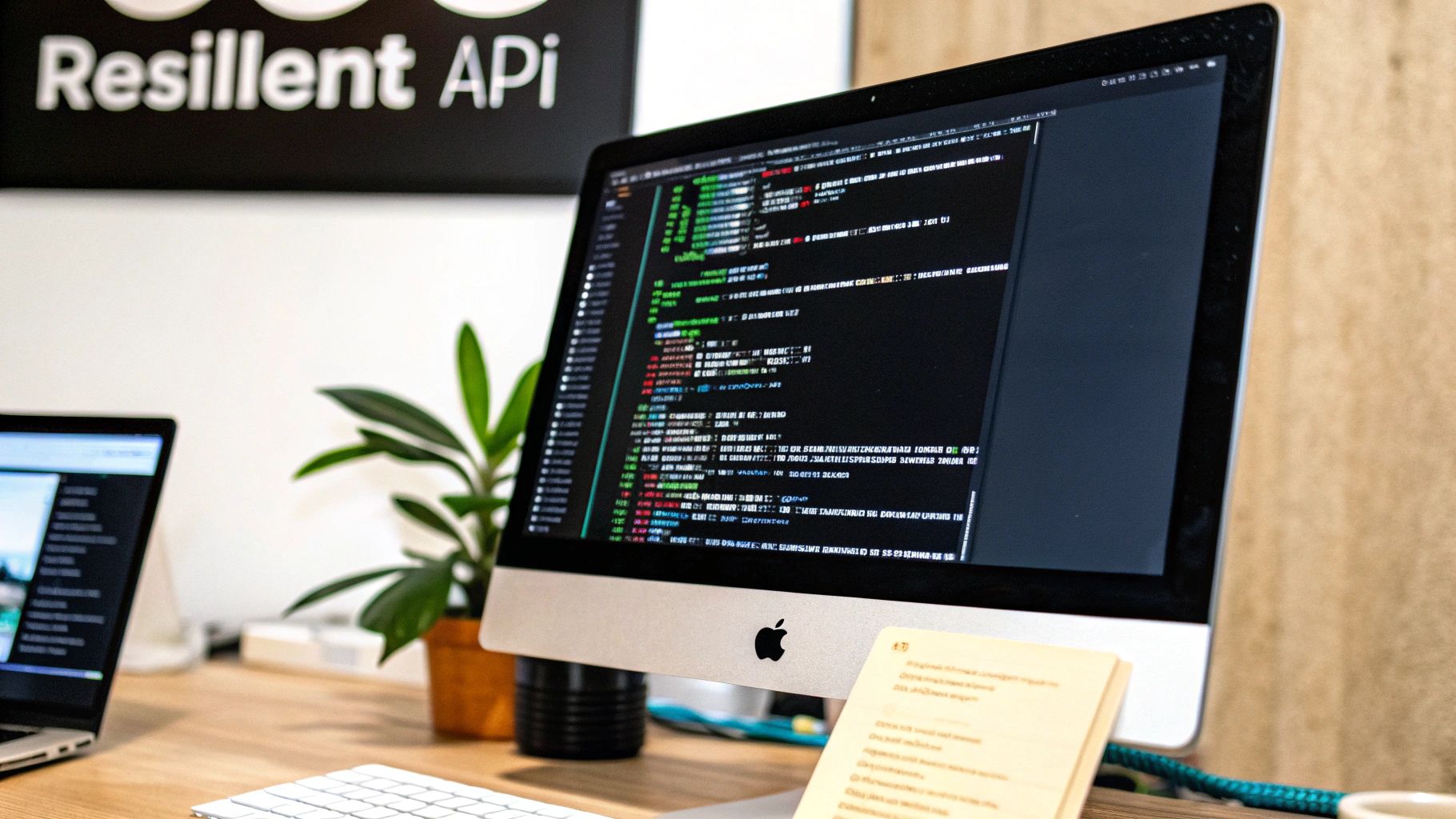An Apple iMac displaying code on a dark screen in a modern developer's office workspace.