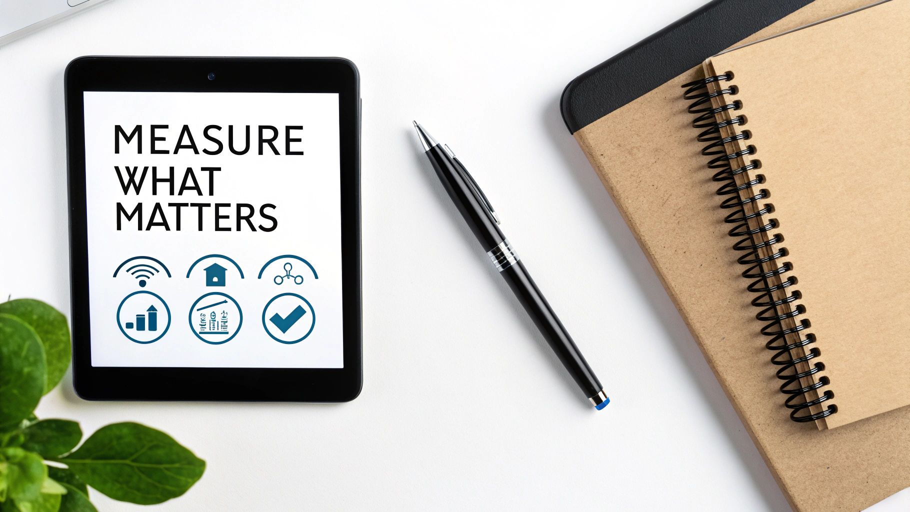 Overhead of a tablet displaying 'Measure What Matters' text and icons, next to a black pen and notebooks.