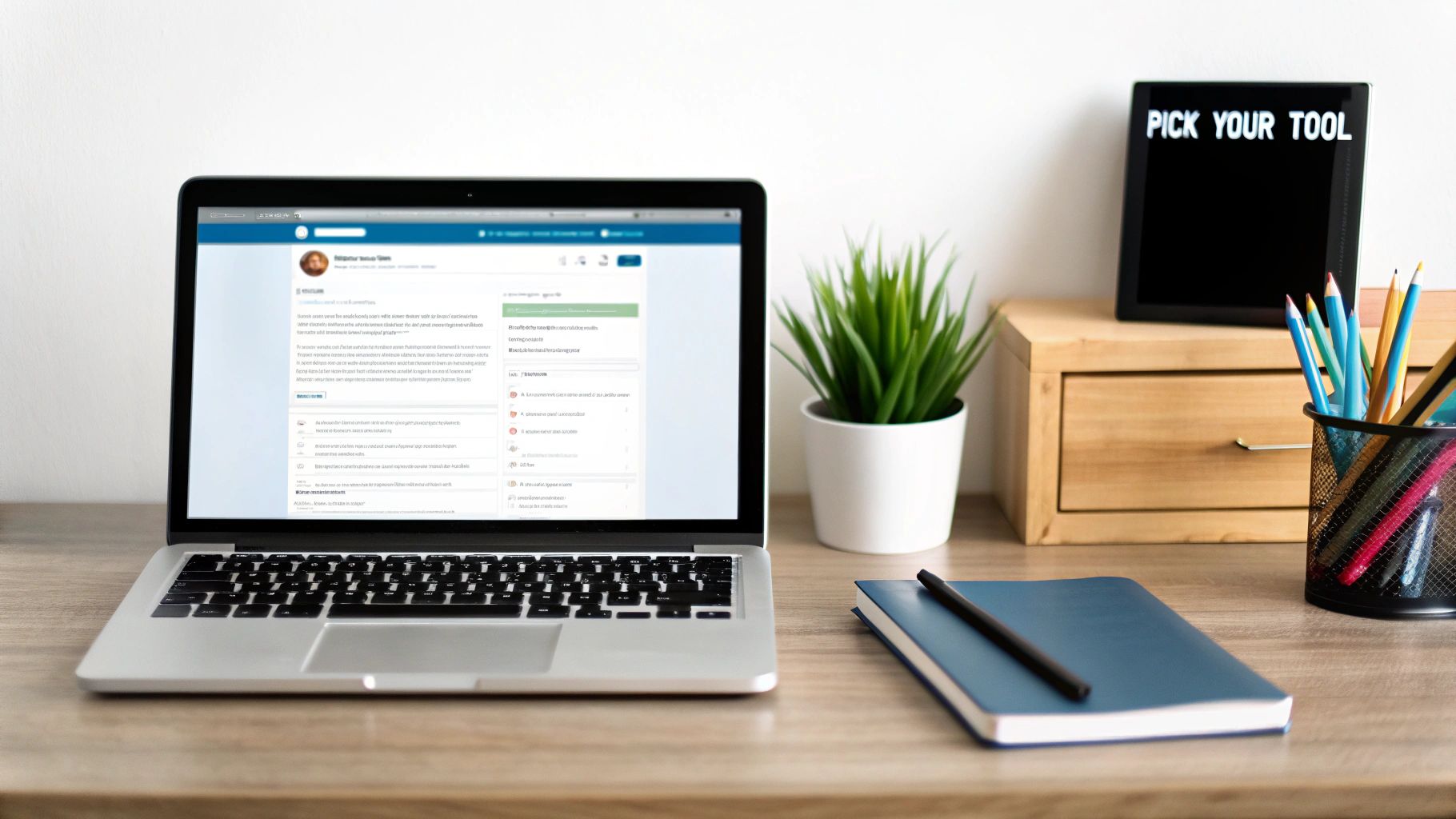 A professional woman strategizing at her desk, with social media icons overlaid, symbolizing effective scheduling.