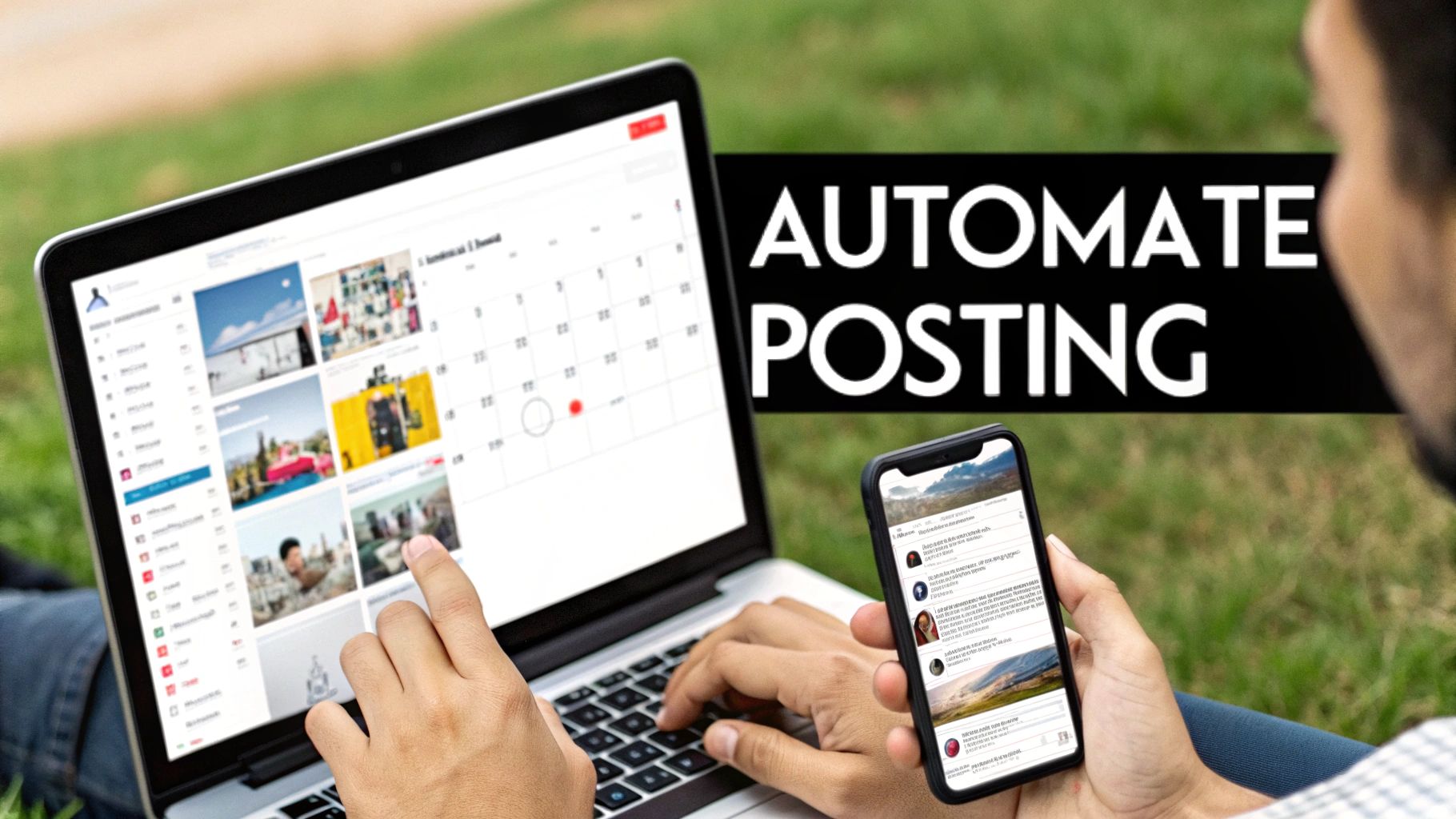 A person uses a laptop and smartphone outdoors to automate and schedule social media posts efficiently.