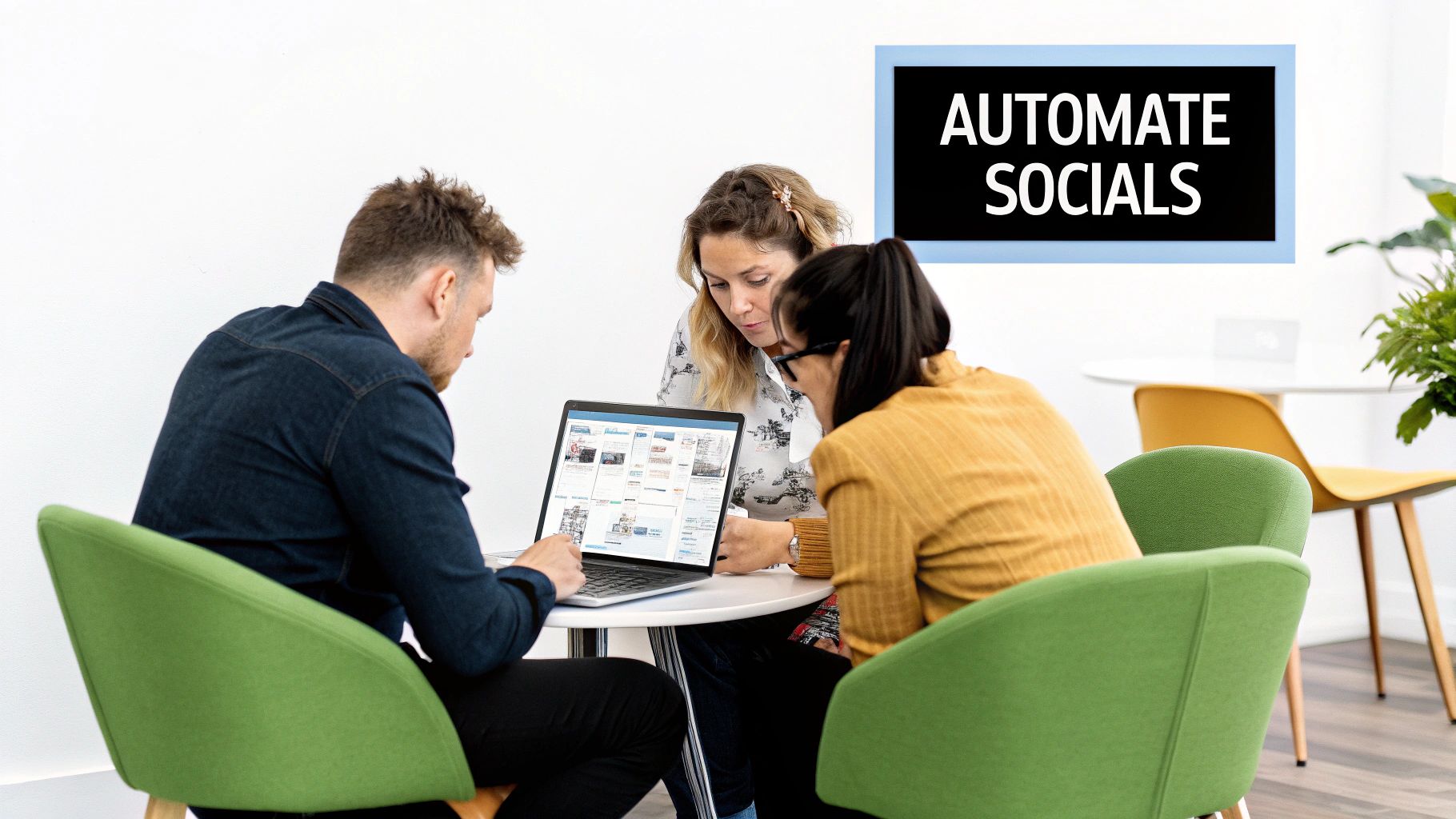 Three people collaborate on a laptop in a modern office, with a sign saying 'AUTOMATE SOCIALS'.