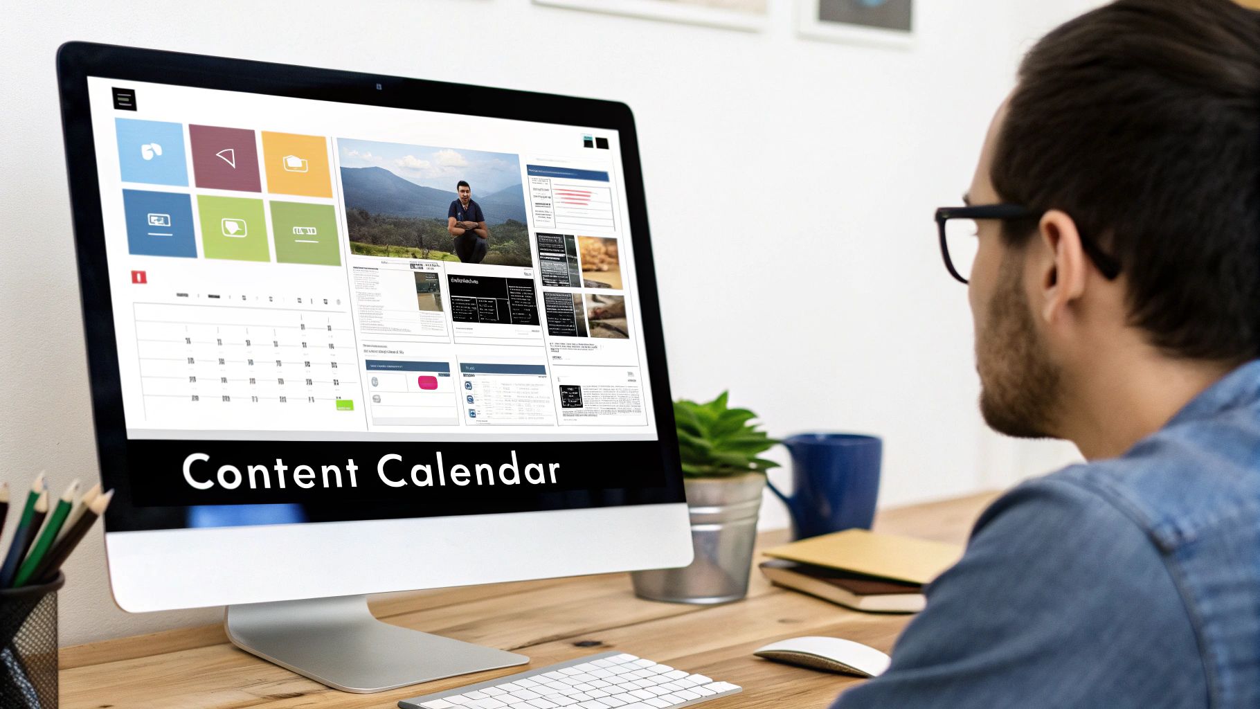A man in glasses looks at a computer screen displaying a content calendar for social media management.