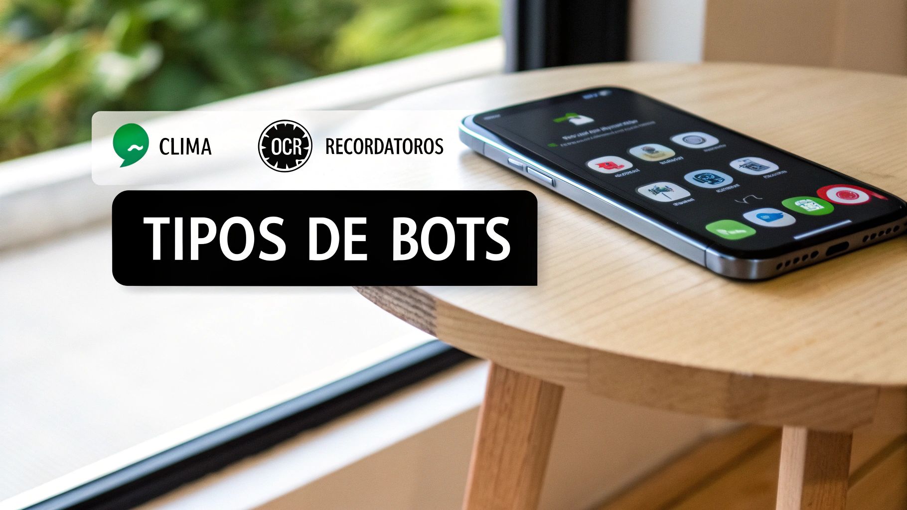Ilustración que muestra varios iconos representando diferentes tipos de bots de Telegram, como un periódico para noticias, una nube para el clima y una cámara para utilidades de imagen.