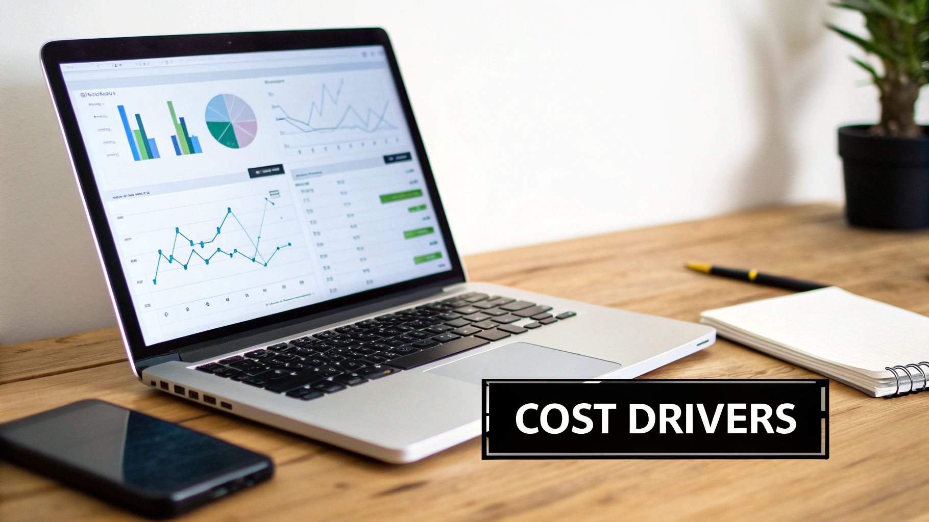 Laptop displaying cost drivers analytics dashboard with charts and graphs on wooden desk