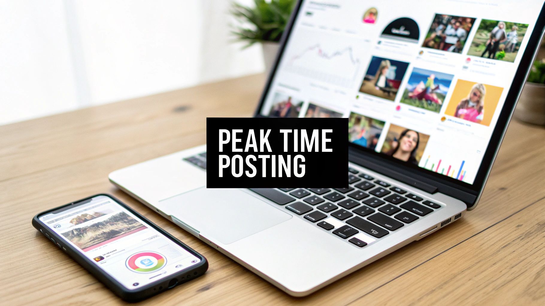 A laptop and smartphone on a wooden desk with 'PEAK TIME POSTING' text overlay, showing social media feeds.