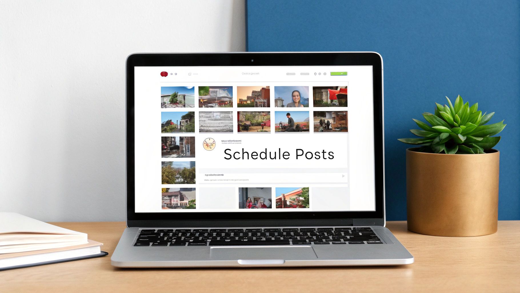 A content creator reviewing a diverse content calendar with different brand aesthetics on a large screen.