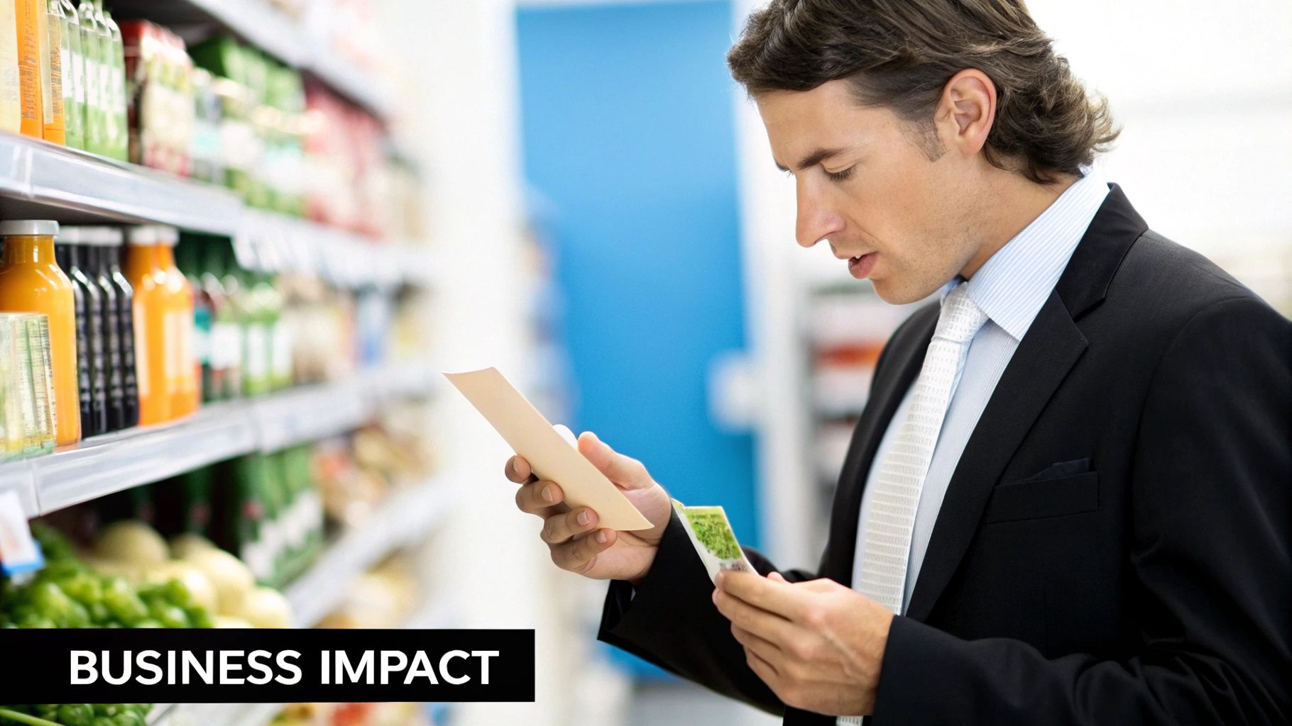 A split image showing a customer happily viewing a transparent price tag on one side and looking confused at a receipt with added taxes on the other.