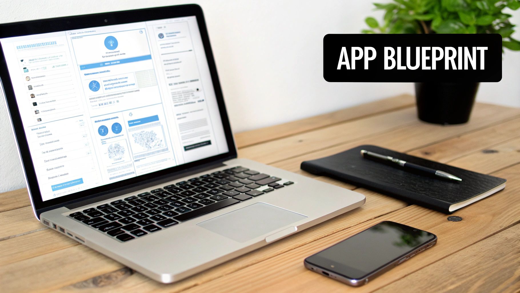 A workspace with a laptop displaying an app blueprint, a smartphone, notebook, and pen on a wooden table.