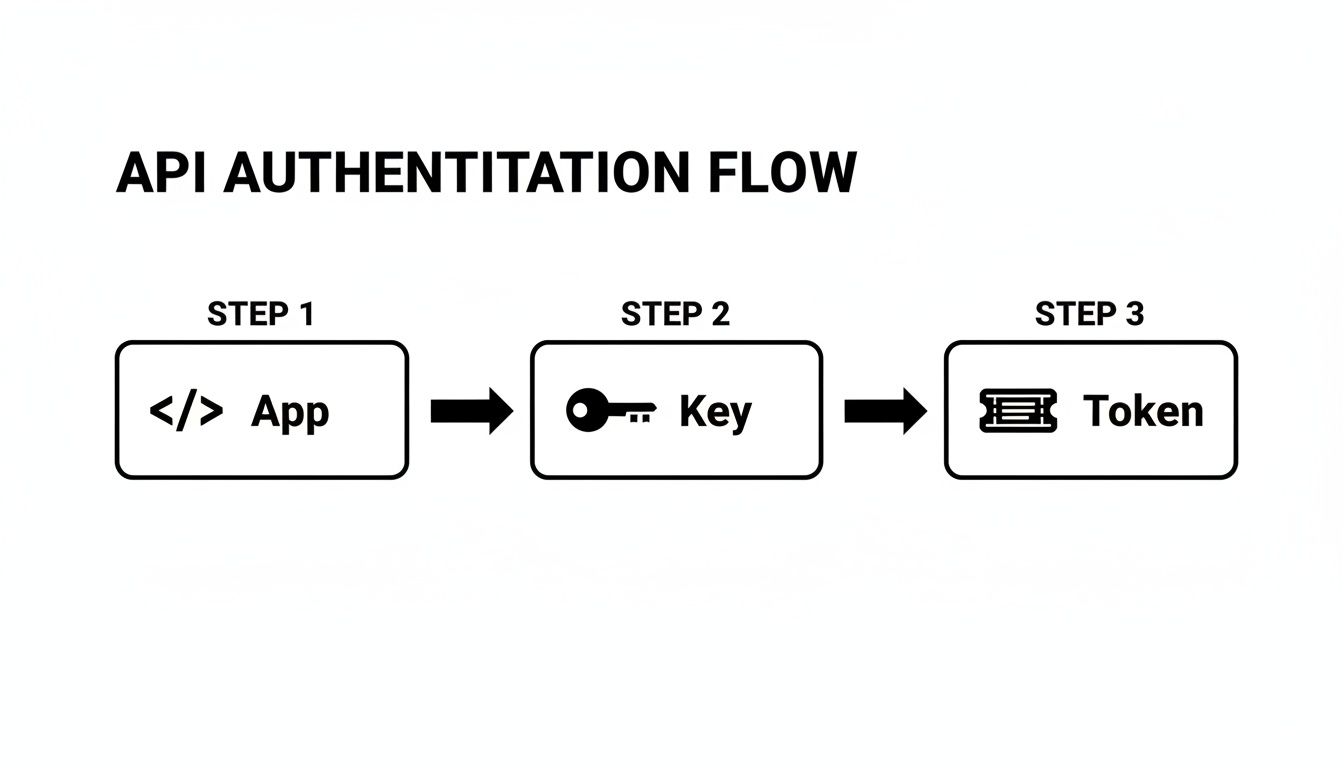 Diagram illustrating the API authentication flow with steps: App, Key, and Token.