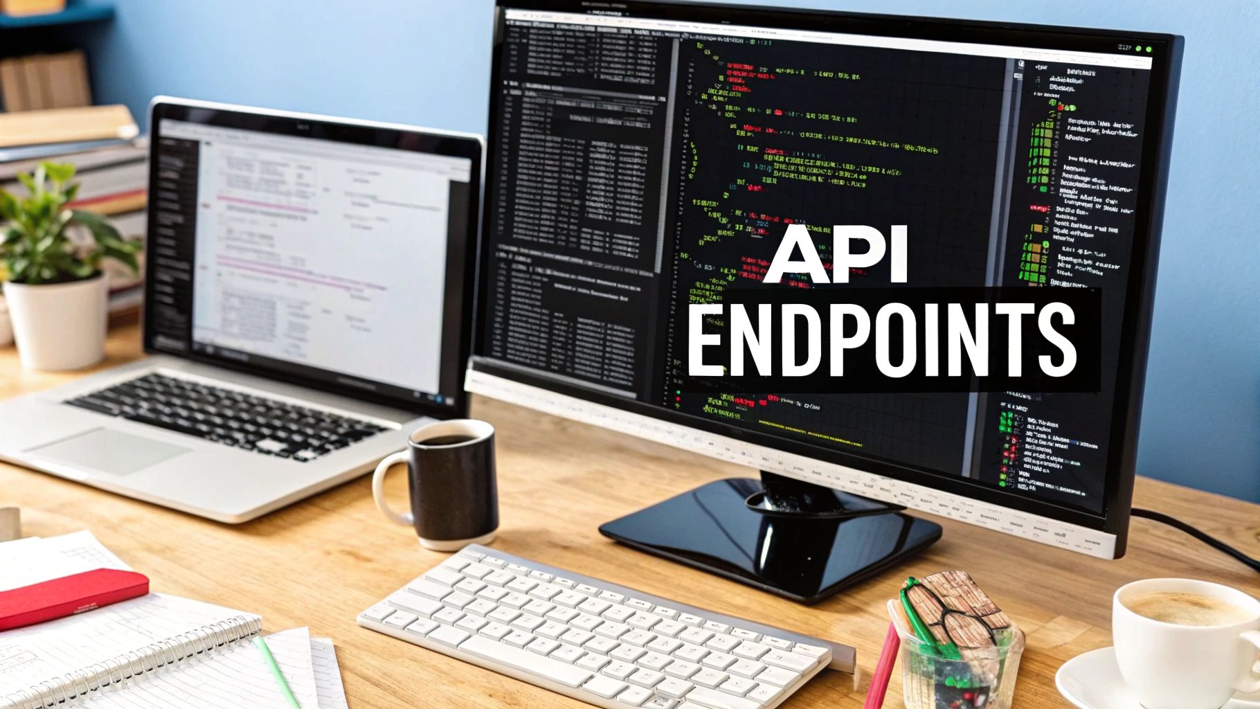 A developer's desk with code on the screen, illustrating the use of the TikTok API endpoints