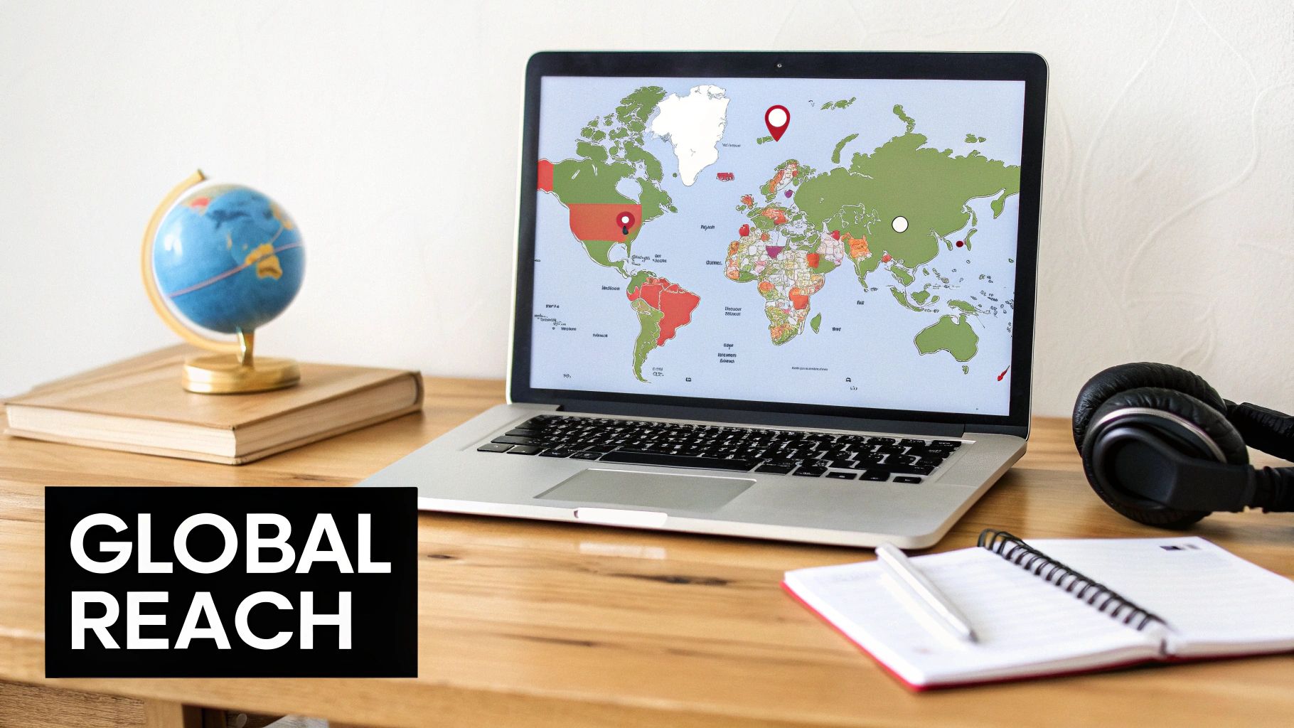 A laptop displaying a world map with highlighted countries and location pins on a wooden desk with a globe, books, headphones, and a notebook.