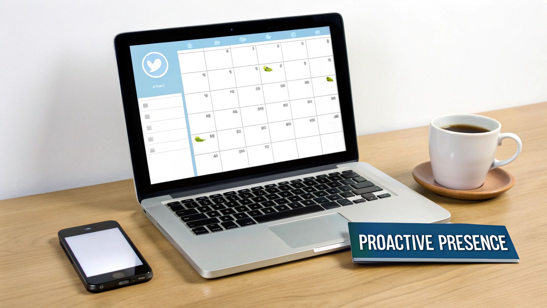 A laptop displaying a Twitter post scheduling calendar, with a smartphone, coffee, and a 'PROACTIVE PRESENCE' sign on a desk.