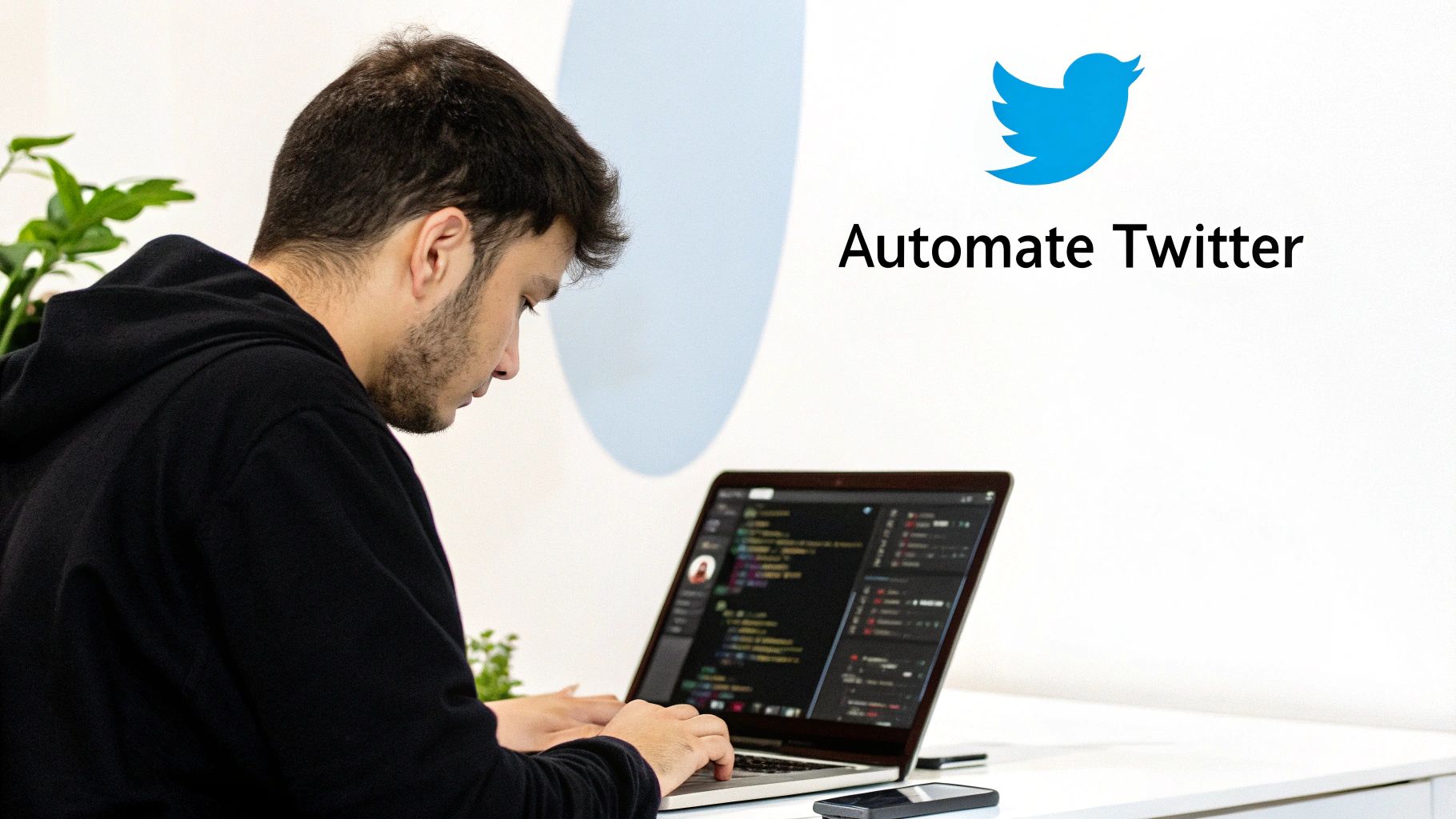 Developer working on laptop coding Twitter automation software at modern desk workspace
