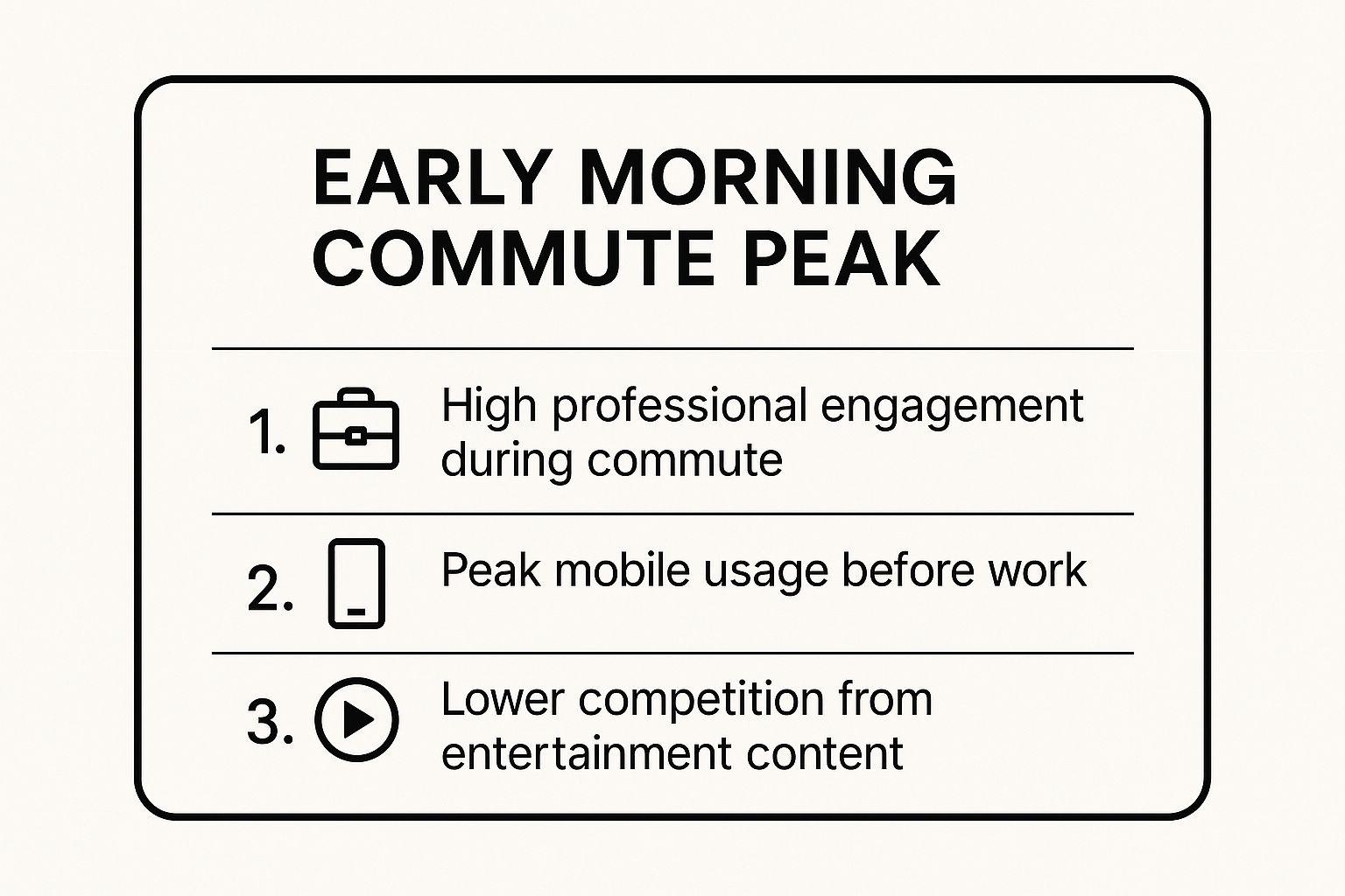 Infographic showing key data about Early Morning Commute Peak (6:00-9:00 AM)