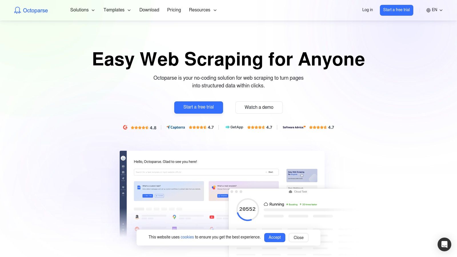 Octoparse – No-Code Scraper (Cloud + Templates)