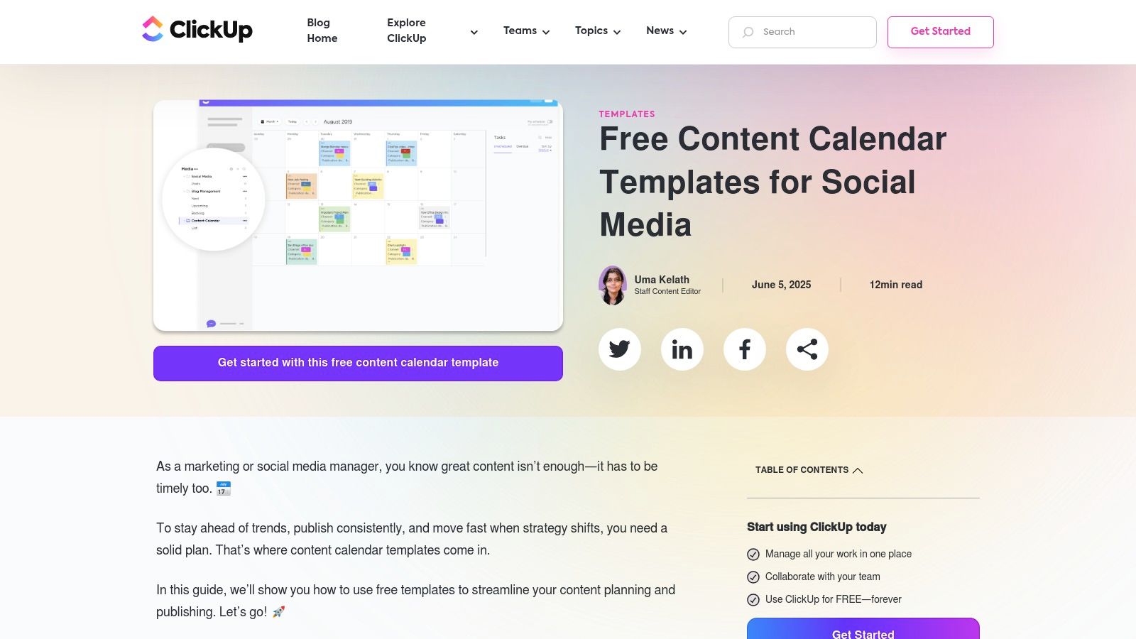 Vertex42's Social Media Calendar Template