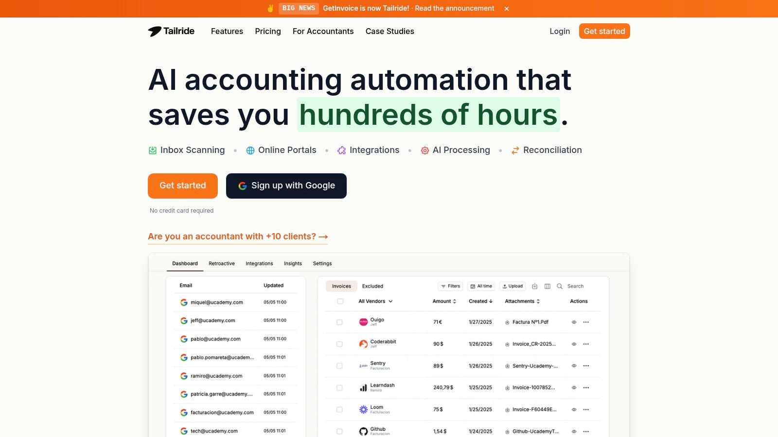 Tailride Dashboard showing invoice management and data extraction
