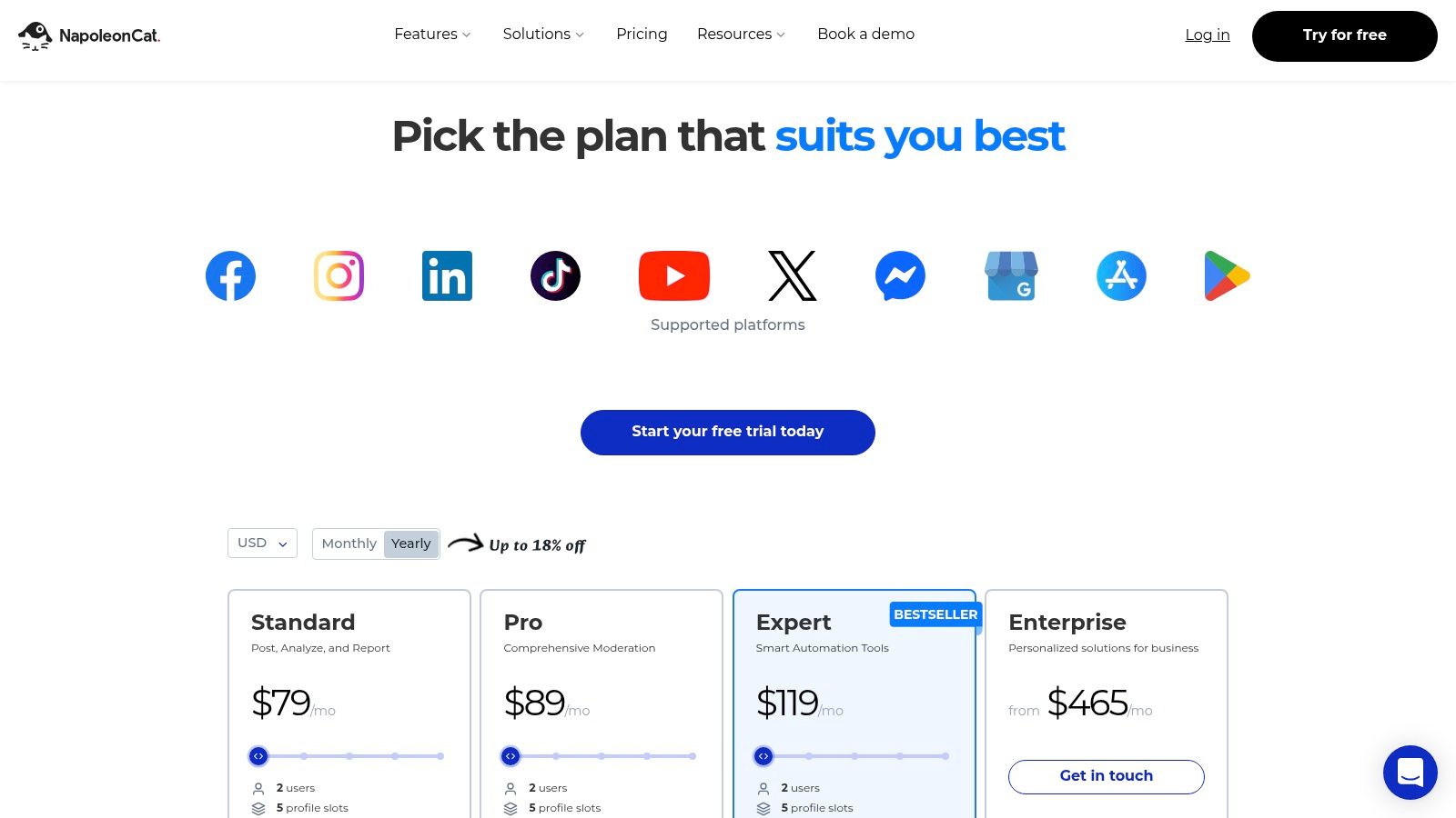 NapoleonCat pricing plans showing different features available in each tier
