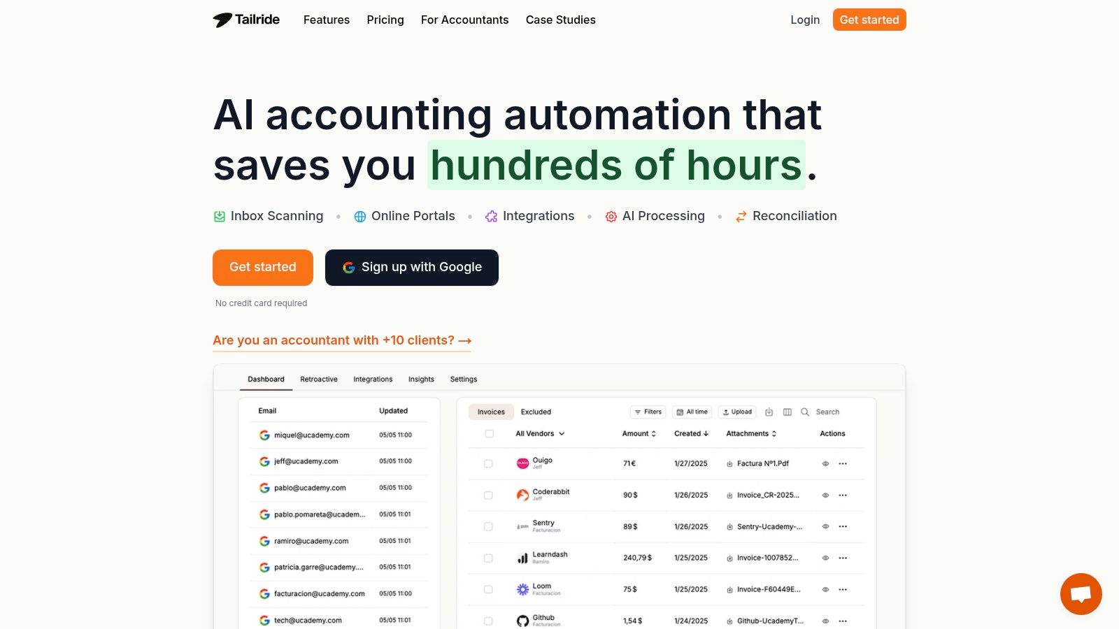 Tailride Dashboard showing invoice and receipt automation features