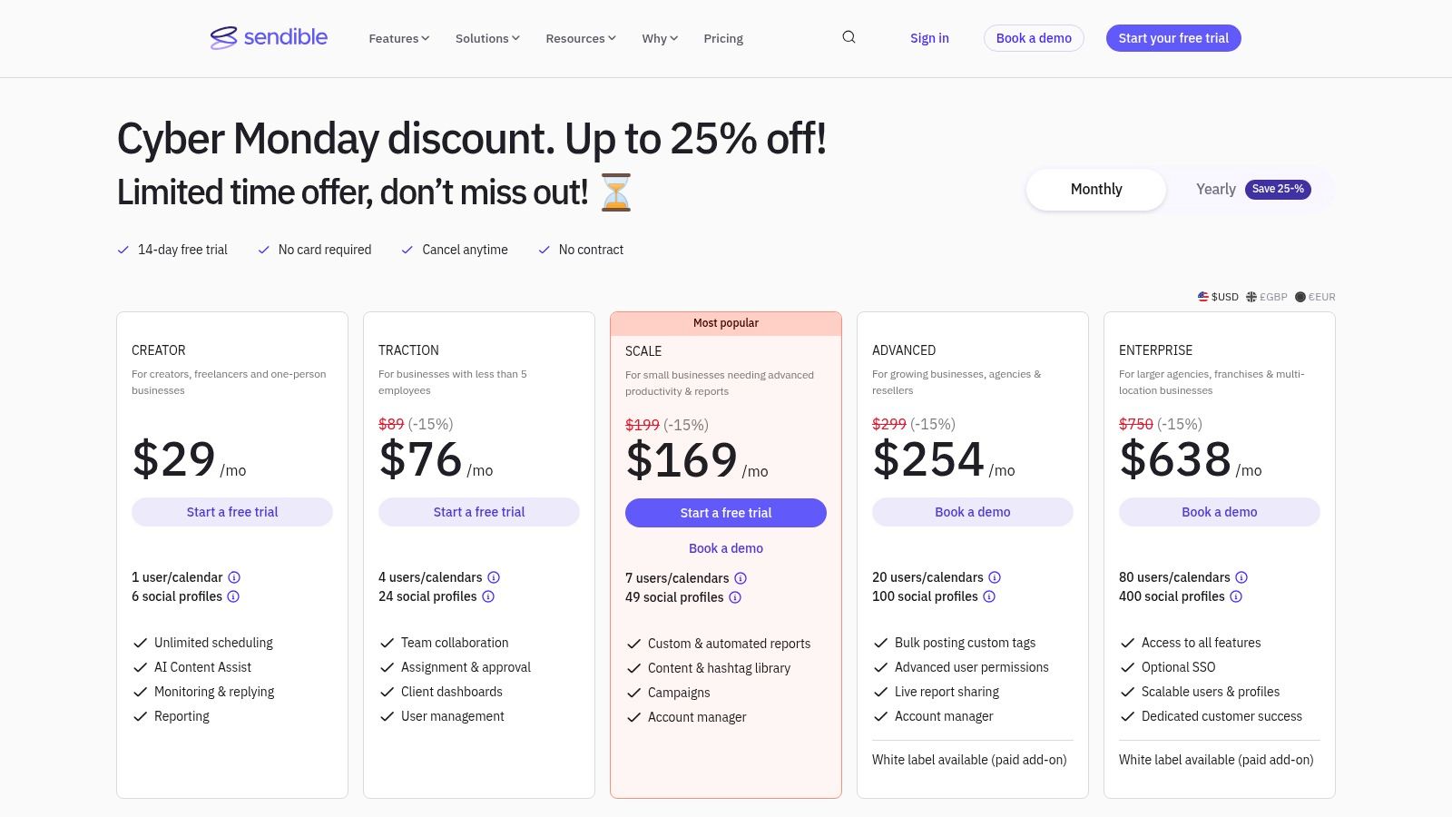 Sendible pricing plans page showing different plans and features